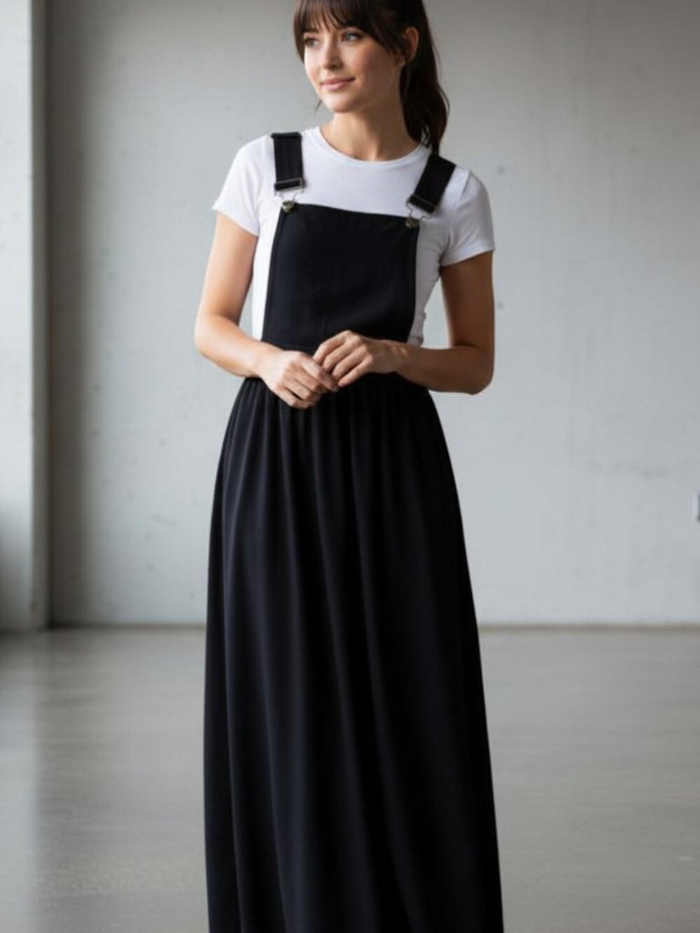 Anthropologie Sans Souci Overall Maxi Dress Apron Bib Pinafore Black Chiffon MED